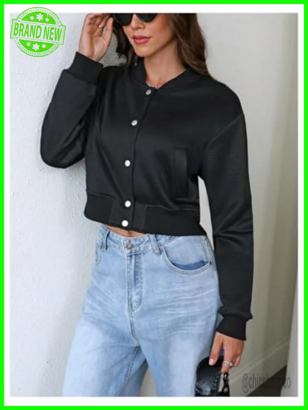 Women's Cropped Varsity Bomber Jacket Button Down Long Sleeve Streetwear